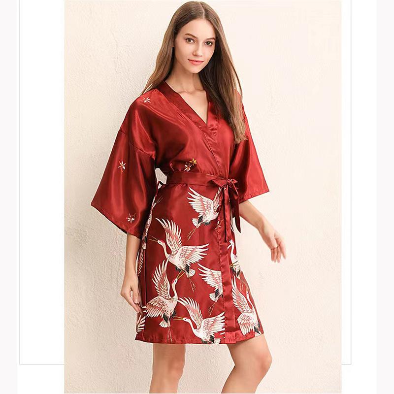 Women's Spring Autumn Winter Sexy Pajamas Crane Night Robe Bride Wedding Dressing Robe Embroidery Bridesmaid Long Bathrobe Home Wear