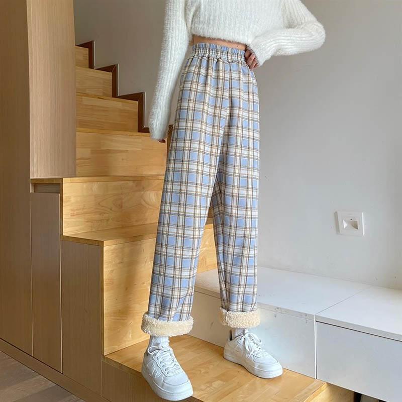 Lamb Velvet Plaid Pants Women Winter Plus Velvet Thick Thin Thin Wild Trend Loose High Waist Casual Wide Leg Trousers