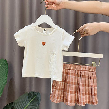 2PCS Children Clothing Set Spring Summer Girls Suits Embroidery Short Sleeve Bright Silk Tops + Pleated Plaid Dress Clothing Set