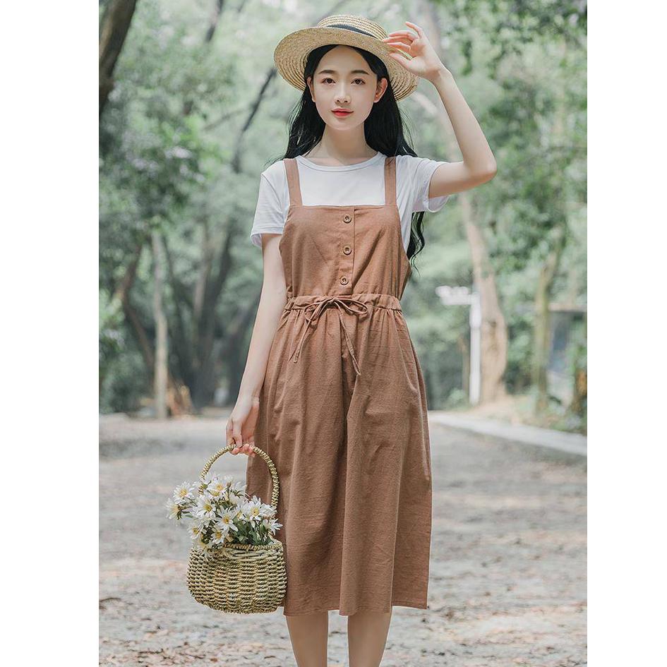 Summer Long Dress Women Casual Vintage Dresses Mid Calf Vestidos Pockets Strapless Sundress Overalls