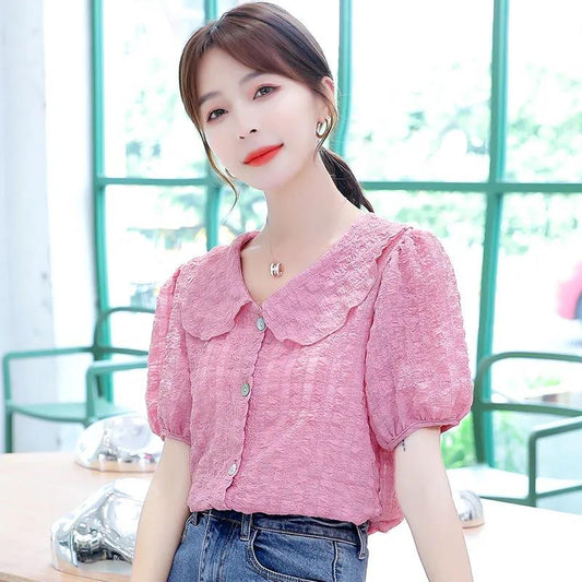 Summer Loose Solid Color Short-sleeved Doll Collar Chiffon Shirt Top Women