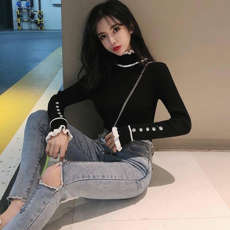 Pofulove Thick Sweater Slim Fit Shirt Spring Autumn Color Fungus Half High Neck Long Sleeve Women