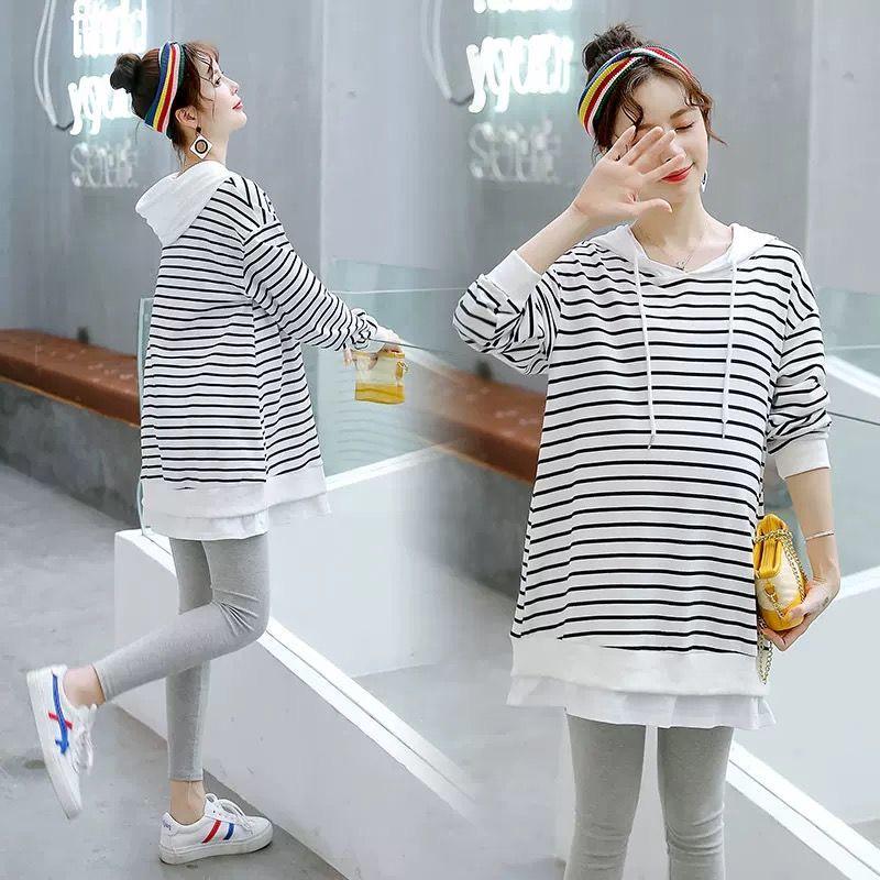 Spring and Autumn Maternity Suit Wild Striped Long Sleeve Top Loose Fashion Mid-length Sweater
