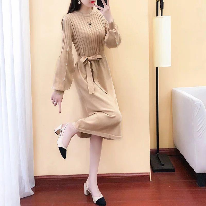 Autumn and Winter Long Solid Color Sweater Knitted Lantern Sleeve Dress Fashion Simple Women Sweater Dress