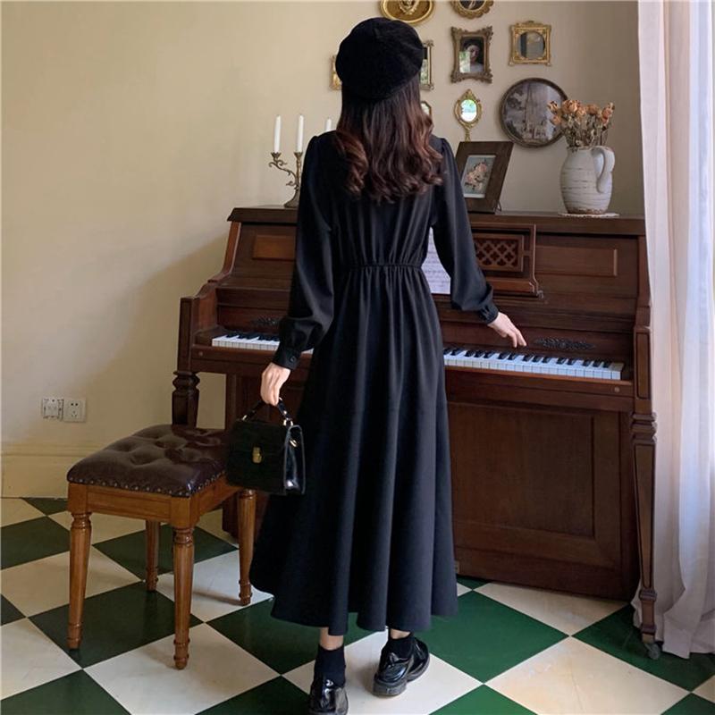 Women Sexy Floral Black Dresses Long Sleeve Dress with Irregular Stitching Spring and Autumn Dress