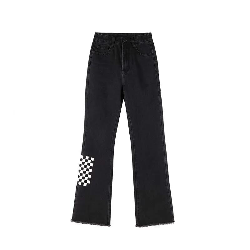 Autumn and Winter Embroidery Chessboard Grain Legs Full Points Must Be Slopes High Waist Slim Straight Micro-jeans Women