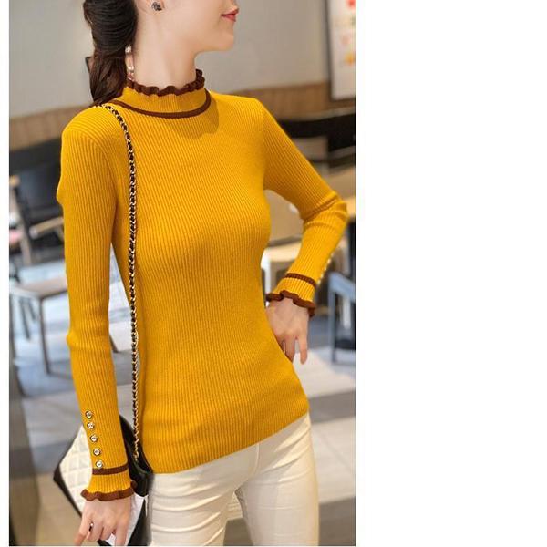 Women's Knitted Bottoming Shirt In Autumn and Winter To Wear Slim and Thin Half Turtleneck Sweater with Wood Ears Thick Western Style Sweater Top