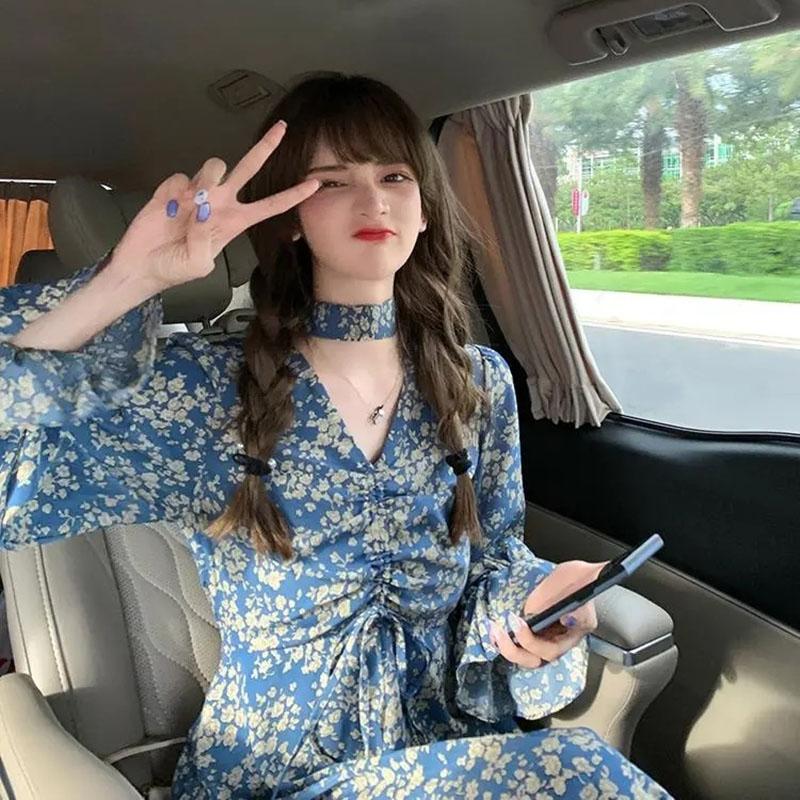 Spring Japanese First Love Skirt V-neck Floral Dress Female Slim Waist Temperament Knee-length Skirt