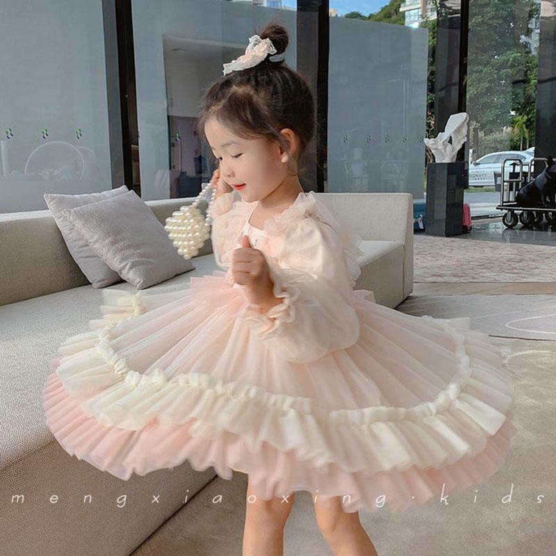 Girls Embroidery Dress Children's Cute Puff Skirt Mesh Princess Dress Baby Girl Spring Dress Long Sleeve Lace Pink Dress