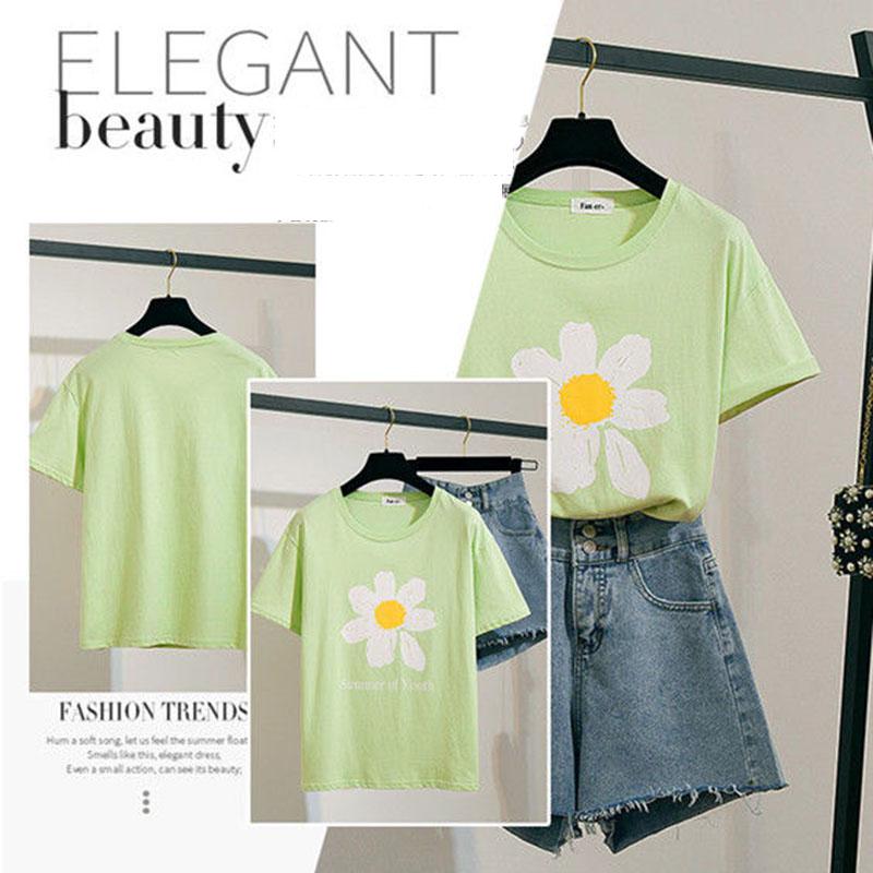 Pofulove Women Shorts Set Summer Embroidered Shirt Short Sleeve T-shirt High WaistRipped Denim Shorts 2 Piece Set for Teen Girl