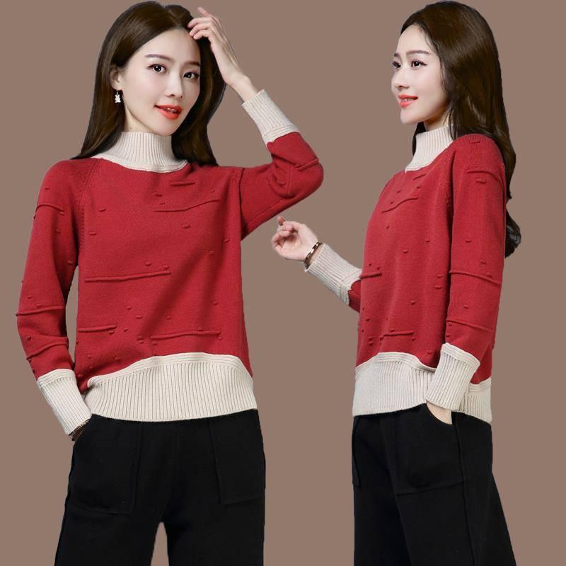 Pofulove Autumn Winter Women's Half-high Collar Knitted Outerwear Short Loose Sweater Base Shirt