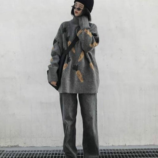 Pofulove Sweater Loose Pattern Wild Sweater Autumn and Winter Coat Tide Turtleneck Colorblock