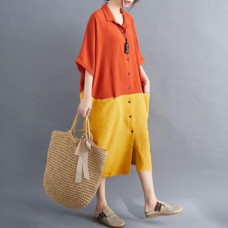 WTEMPO Plus Size Women Dress Summer Turn-down Collar Long Dress Casual Mid-calf Length Color Block Button