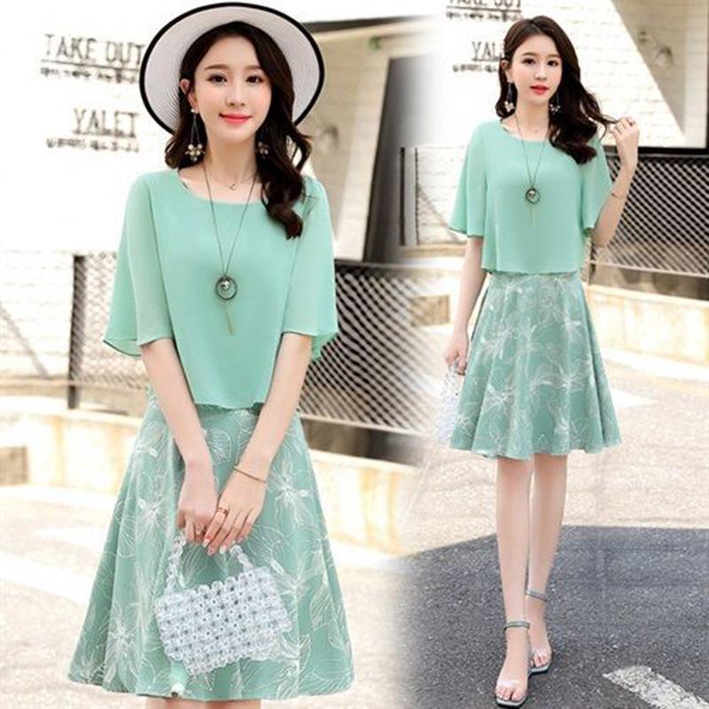 Set Chiffon Dress Female Niche Sweet Wind Is Thin Two-piece Skirt Round Neck Short-sleeved Top A-line Short Skirt Chiffon Fabric Light and Breathable