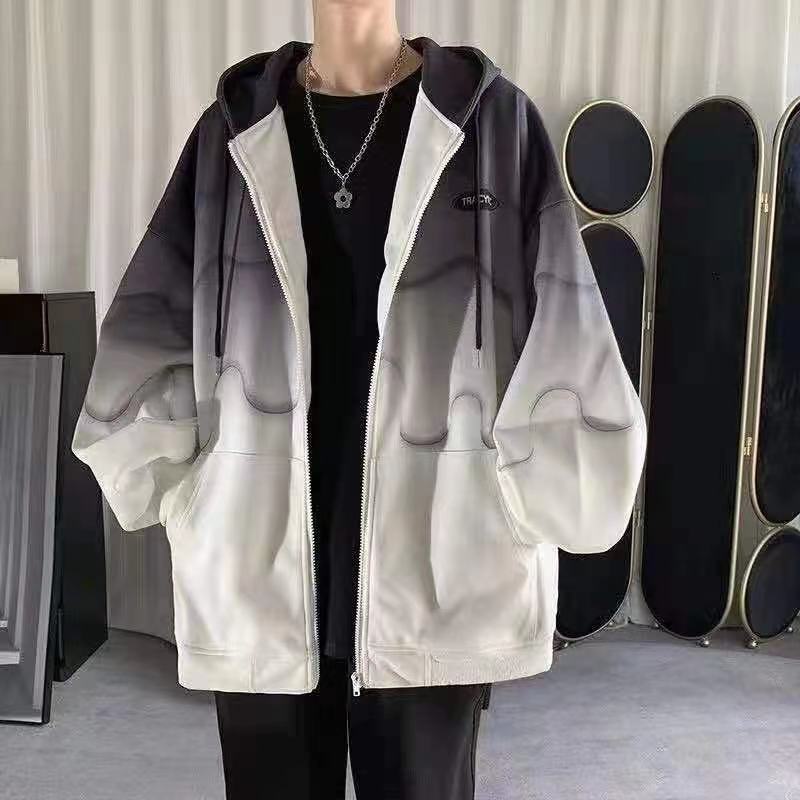 Gradient Jacket Loose Cardigan Hooded Baseball Jacket Casual Zipper Tie-Dye Cotton Thermal Long Sleeve Jacket Warm and Comfortable