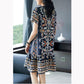 Short-sleeved Ice Silk Dress Female Summer Retro Floral Thin Loose Skirt Simulation Silk Temperament Printed Pleated Dress A-line Skirt