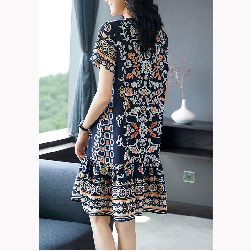 Short-sleeved Ice Silk Dress Female Summer Retro Floral Thin Loose Skirt Simulation Silk Temperament Printed Pleated Dress A-line Skirt