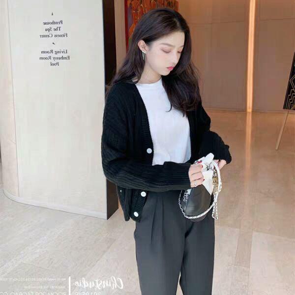 V collar cardigan solid color casual sweater female autumn new loose wild pit striped knit jacket