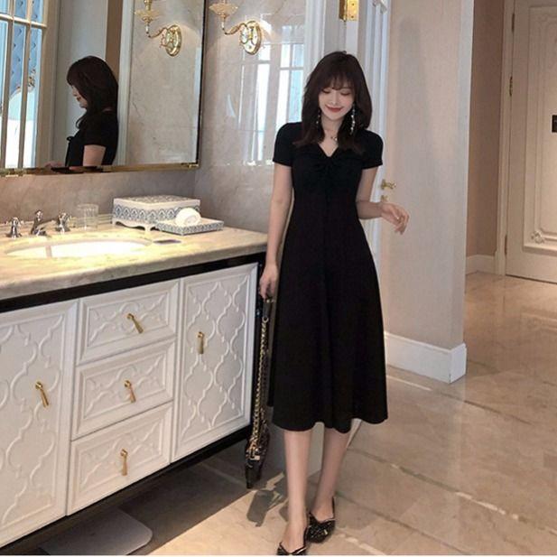 Women's Summer Korean Retro Slim Drawstring Pleated Short Sleeve A-line Slim V-neck Mid Length Dress