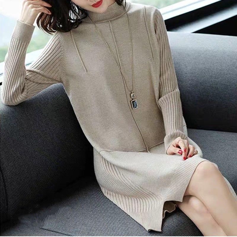 Sweater Skirt Women's Autumn and Winter Korean Loose and Versatile Mid-length Knitted Bottoming Half High Collar Dress
