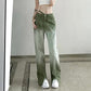 Retro High Street Pine Green Gradient Asymmetrical Sexy Leak Design Jeans Female High Waist Loose Ground Trousers