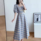 Large Women Size Summer Casual Slim Mid Length Square Neck Bubble Sleeve Plaid Holiday Dress