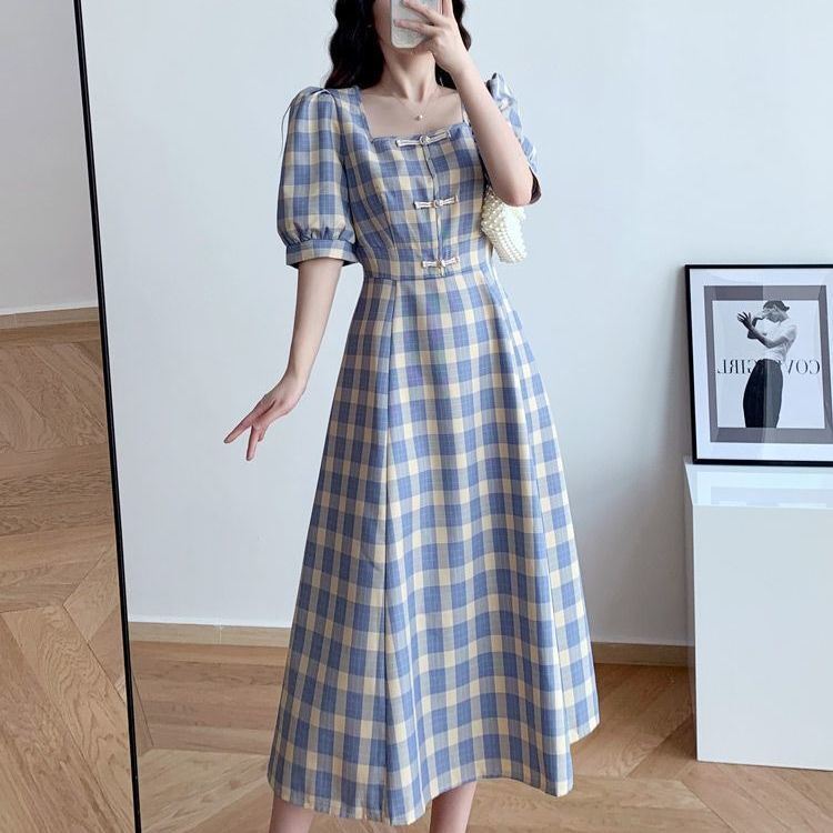 Large Women Size Summer Casual Slim Mid Length Square Neck Bubble Sleeve Plaid Holiday Dress