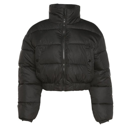 2021 New Women Parkas Thick Warm Winter Jackets Solid Black Blue Fashion Night Club Sexy Short Coats Crop Tops Turtleneck Casual Female Down Jacket N