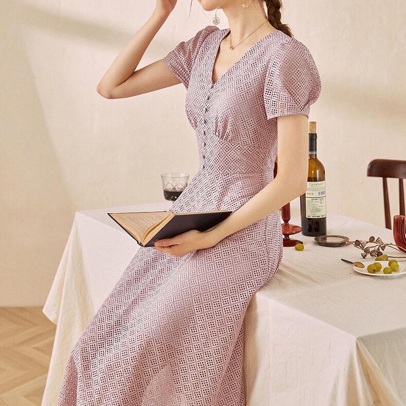 Women Summer Elegant Dress Vintage High Waist Short Sleeve Party Dress Slim Office V-neck Lace hollow Out Mid-length Dress