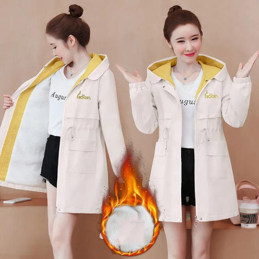 Parker Overcome Plus Velvet Thick Warm Jacket Women's Drawstring Waist Slim Slimming Mid-length Hooded Windbreaker