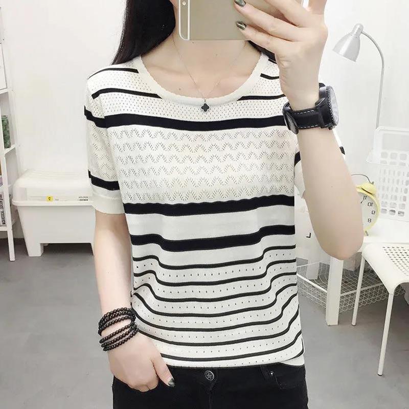 Ice Silk Sweater Girls Thin Short-sleeved Hollow Top Summer Loose Striped T-shirt Fashion and Elegant