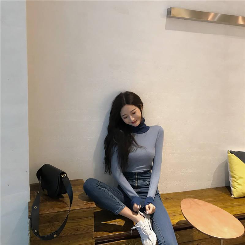 Pofulove Women Turtleneck Hit Color Sweater Long-sleeved Knitted Bottoming Shirt Autumn Winter