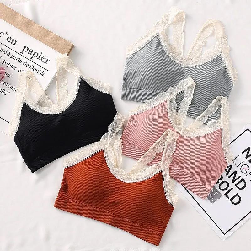 Lace Shoulder Straps Wrap Chest Tube Top with Chest Pad Anti-glare Beautiful Back No Steel Ring Sling Small Vest Bra