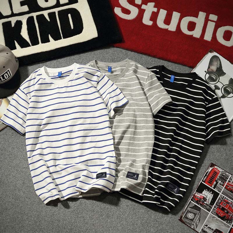 Summer Fashion Brand Men's Striped Short-sleeved T-shirt Thin Loose Cotton Half-sleeved T-shirt for Boys