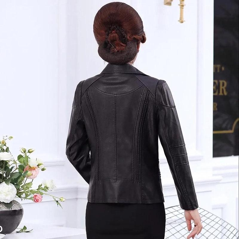 Autumn and Winter Leather Jacket Korean Style Slim V-neck Motorcycle Leather Jacket Thickened Warmth Short Leather Jacket for Women