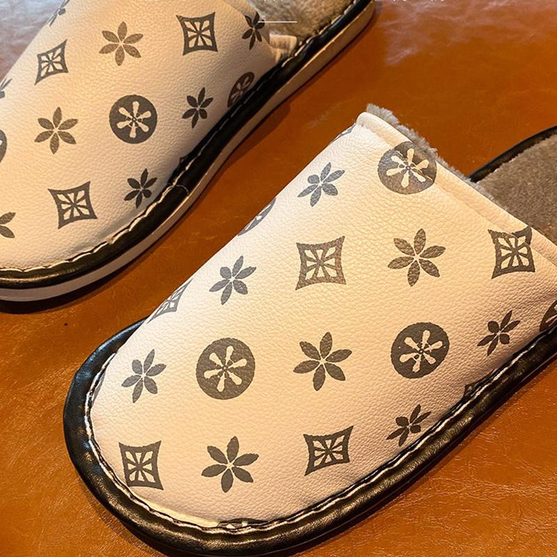 PU Waterproof Slippers Women Men Winter Plush Keep Warm Flat Home Shoes Woman Soft Comfort Female Shoes Sewing Interior Slipper