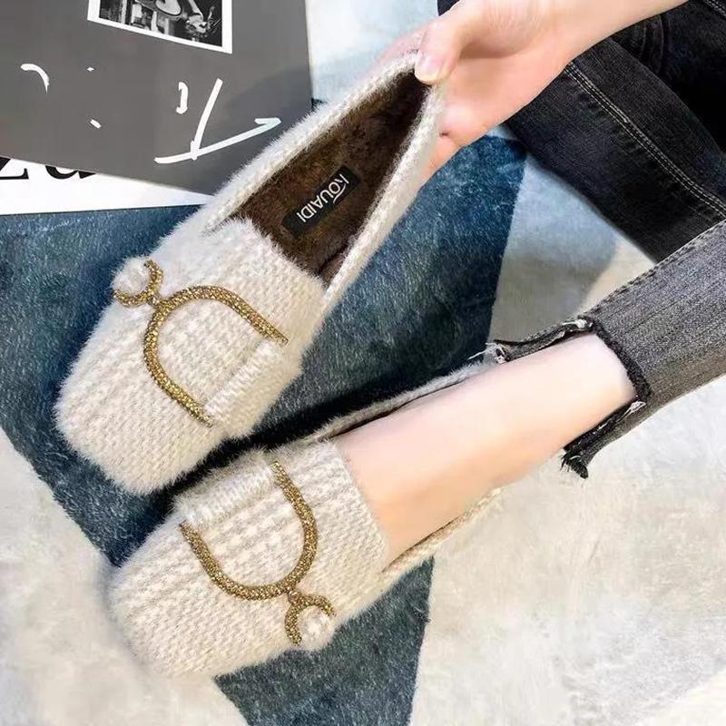 Plus Velvet Moccasin Shoes Women's Autumn and Winter Wear Flat Single Shoes All-match Temperament Women's Shoes Plus Velvet Beanie Shoes
