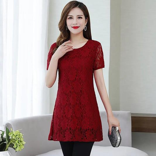 Women's Summer Short Sleeve Round Neck Large Size Lace Loose T-Shirt