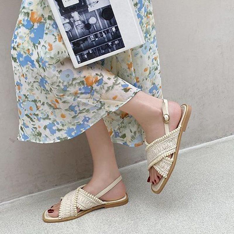 Roman Sandals Female Fairy Style Ethnic Korean Wild Retro Open-toed Cross Strap Flat Shoes