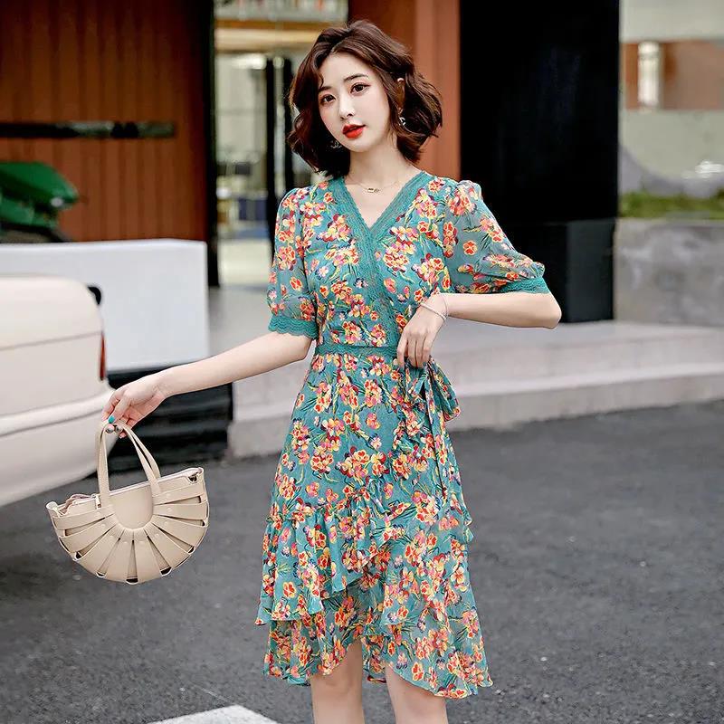 Women's Summer Floral Chiffon Dress V-neck Mid-length Skirt