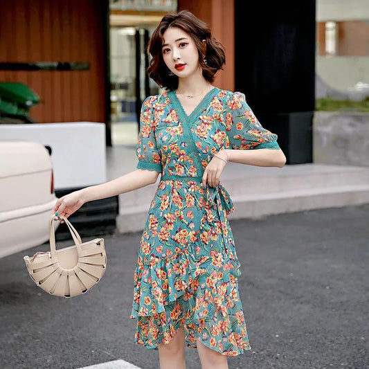 Women's Summer Floral Chiffon Dress V-neck Mid-length Skirt