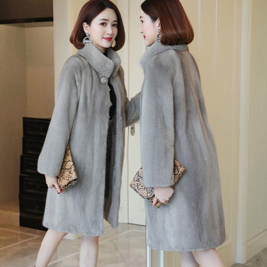 Autumn and Winter Imitation Mink Velvet Fur Coat Women's Mid-length Stand-up Collar Mink Coat Korean Loose Temperament