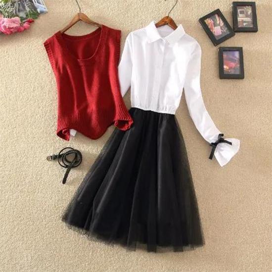 Shirt Collar Mesh Stitching Dress Suit Female Spring and Autumn Bottoming Skirt Knitted Vest Two-piece Suit
