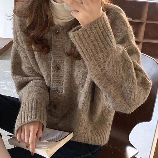 Soft Glutinous Cable Flower Loose Short Sweater Coat Female Twist Thick Needle Beige Knitted Cardigan Outer Wear