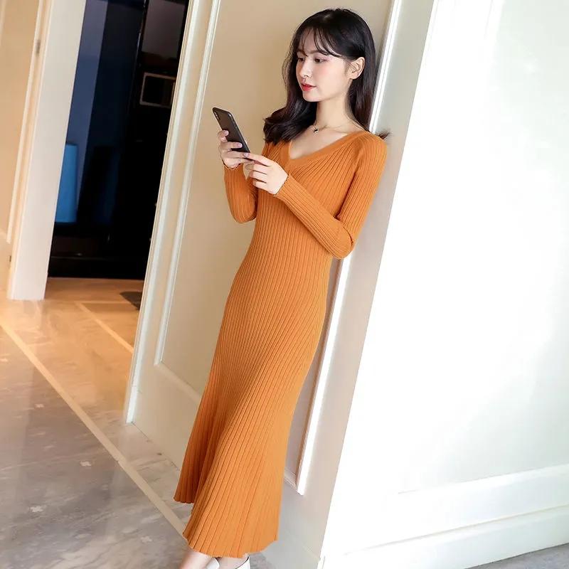 Sweater Dress Women's V-neck Long Over-the-knee Pullover Knitwear Korean Version Pure Color Trendy Sweater Dress Autumn Winter