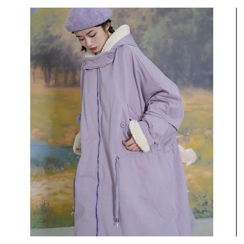 Korean Version of The Loose Padded Jacket for Female Students with Lamb Wool Padded Over-the-knee Padded Jacket