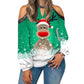 Elk Print T-Shirt Round Neck Off Shoulder Top Christmas Ladies Vintage Long Sleeve Shirt Women Sexy Tops Harajuku Graphic Tee