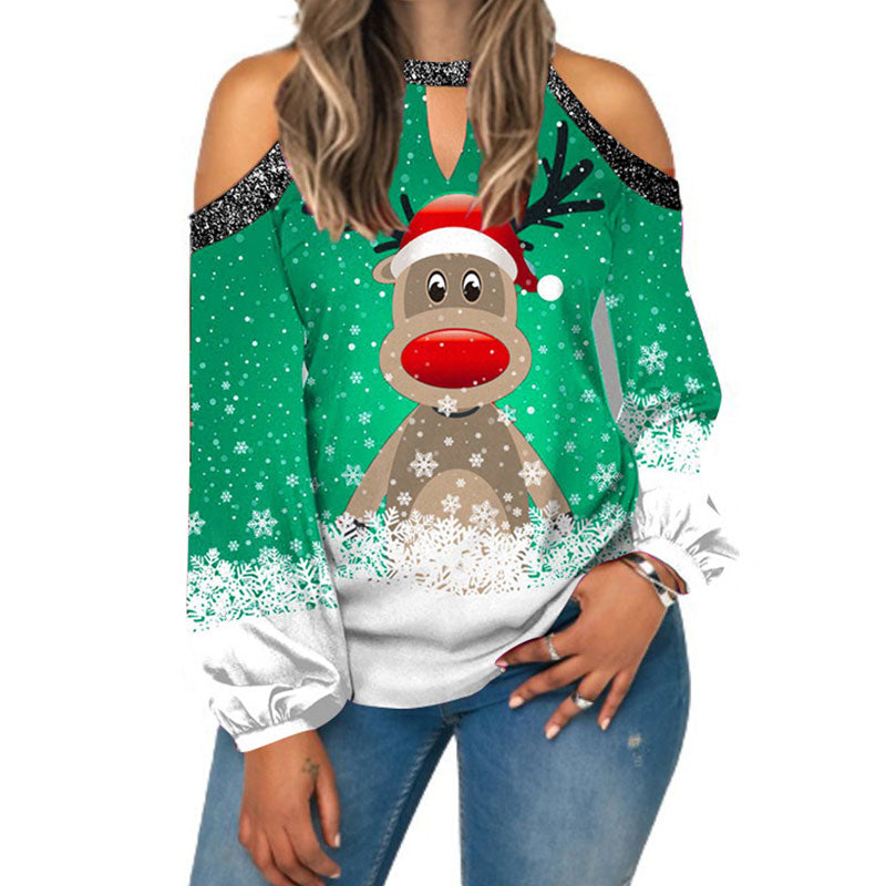 Elk Print T-Shirt Round Neck Off Shoulder Top Christmas Ladies Vintage Long Sleeve Shirt Women Sexy Tops Harajuku Graphic Tee