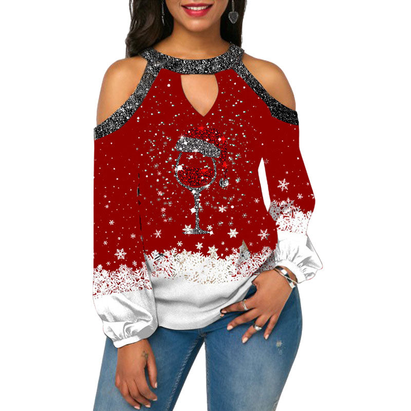 Printed T-shirt Sparkling Stitching Off Shoulder Festival-themed Shirt Women's Long-sleeved Blouse Sexy Halter Streetwear Shirts