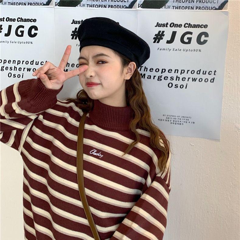 Women Striped Sweaters contrast pullover long sleeve Vintage Plus Size loose Knit Sweaters warm
